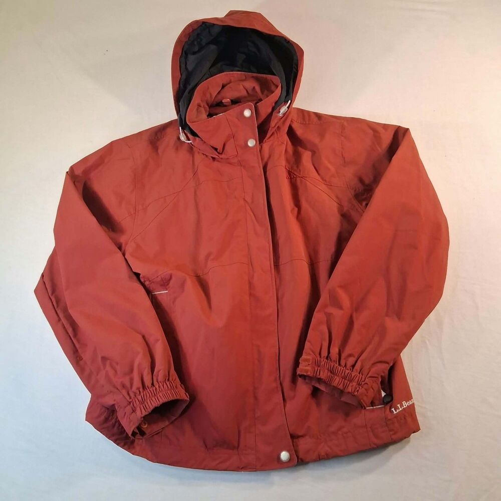 Vintage LL Bean Rain Jacket Women L Red Hooded Waterproof Nylon Storm Coat